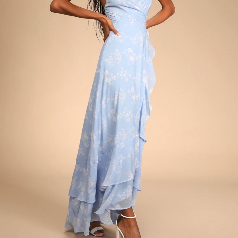 Lulus In Love Forever Light Blue Floral Lace-Up High-Low Maxi Dress